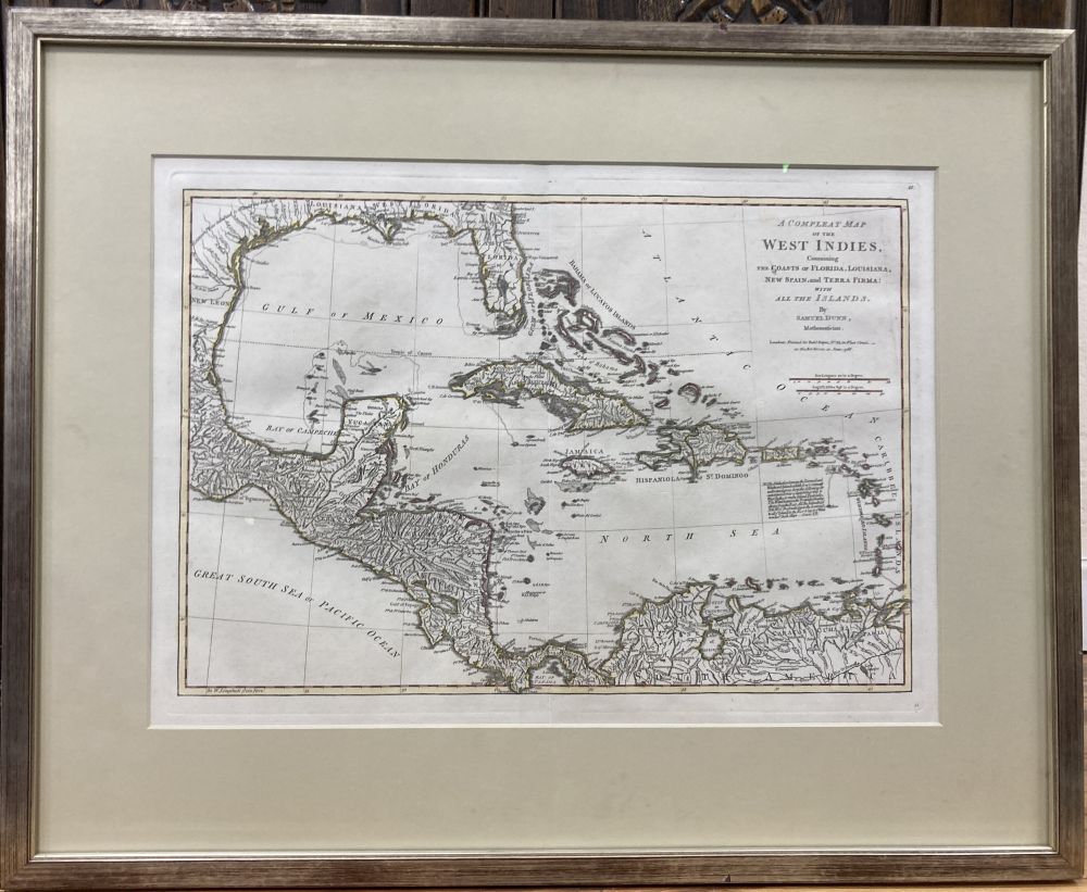 Samuel Dunn, coloured engraving, A Complete Map of the West Indies 1786, overall 34 x 48cm